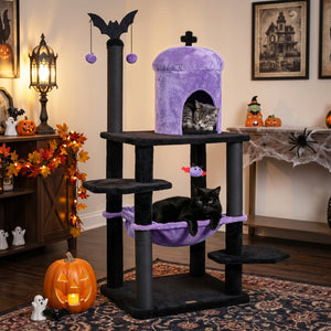51â€ Gothic Multi-level Cat Tree with Spider Hanging Toy for Black Halloween-Purple