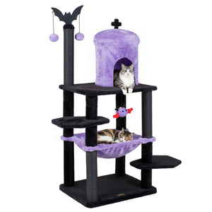 51â€ Gothic Multi-level Cat Tree with Spider Hanging Toy for Black Halloween-Purple