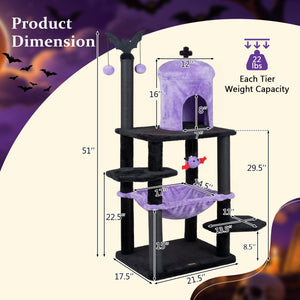51â€ Gothic Multi-level Cat Tree with Spider Hanging Toy for Black Halloween-Purple
