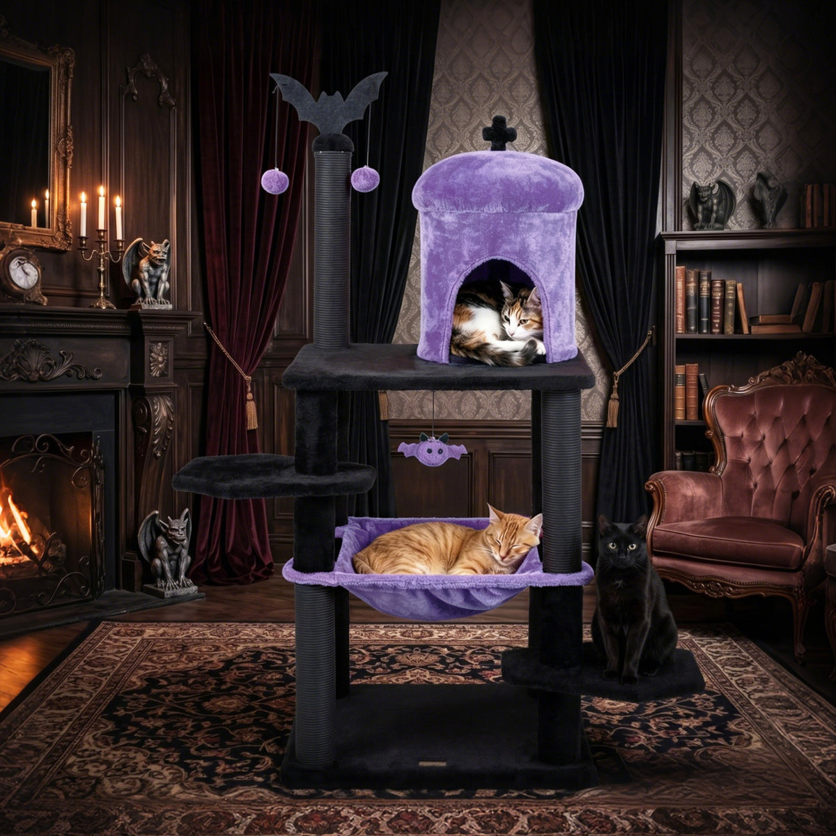 51â€ Gothic Multi-level Cat Tree with Spider Hanging Toy for Black Halloween-Purple