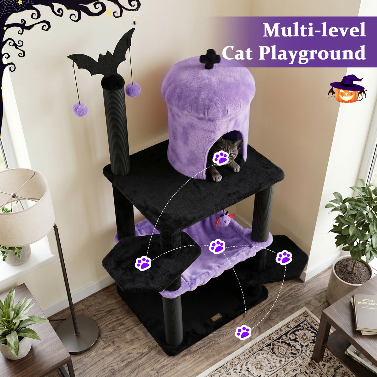 51â€ Gothic Multi-level Cat Tree with Spider Hanging Toy for Black Halloween-Purple