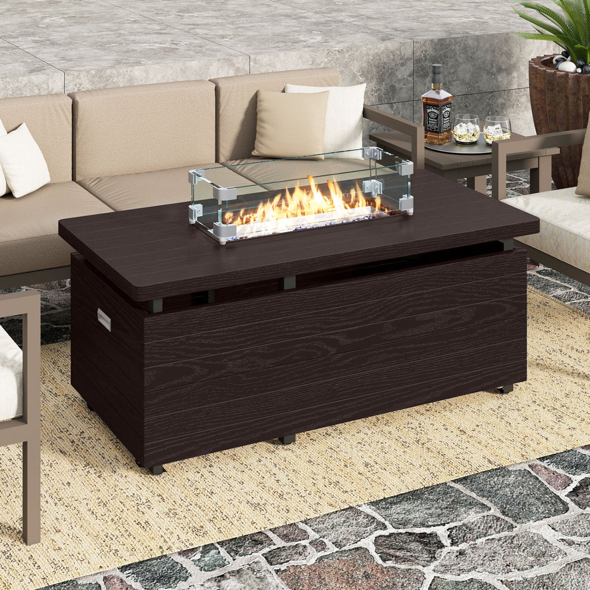 51 Inch Propane Fire Pit Table 50000 BTU Gas Firepit with Removable Lid and Tempered Glass Wind Guard for Patio-Rustic Brown