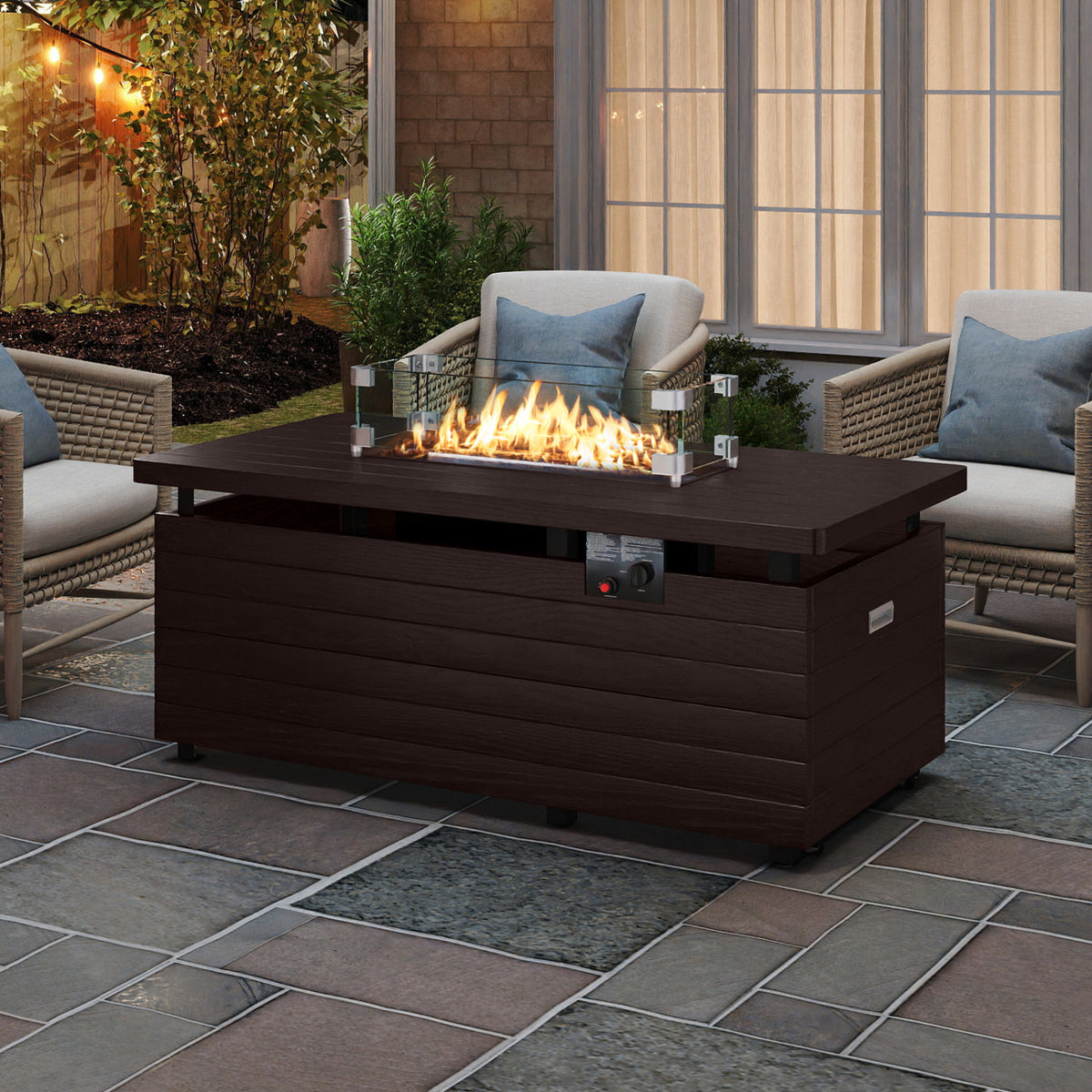 51 Inch Propane Fire Pit Table 50000 BTU Gas Firepit with Removable Lid and Tempered Glass Wind Guard for Patio-Rustic Brown