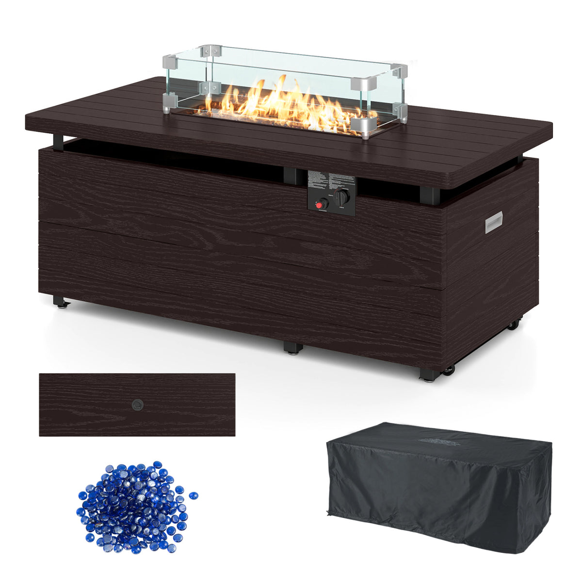 51 Inch Propane Fire Pit Table 50000 BTU Gas Firepit with Removable Lid and Tempered Glass Wind Guard for Patio-Rustic Brown