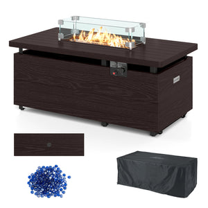 51 Inch Propane Fire Pit Table 50000 BTU Gas Firepit with Removable Lid and Tempered Glass Wind Guard for Patio-Rustic Brown