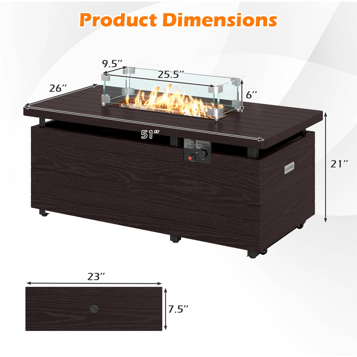 51 Inch Propane Fire Pit Table 50000 BTU Gas Firepit with Removable Lid and Tempered Glass Wind Guard for Patio-Rustic Brown