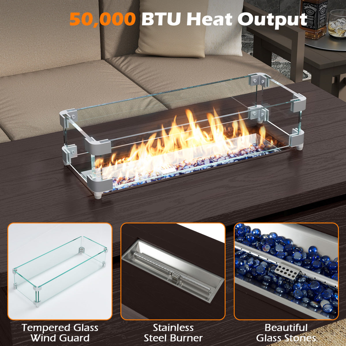 51 Inch Propane Fire Pit Table 50000 BTU Gas Firepit with Removable Lid and Tempered Glass Wind Guard for Patio-Rustic Brown