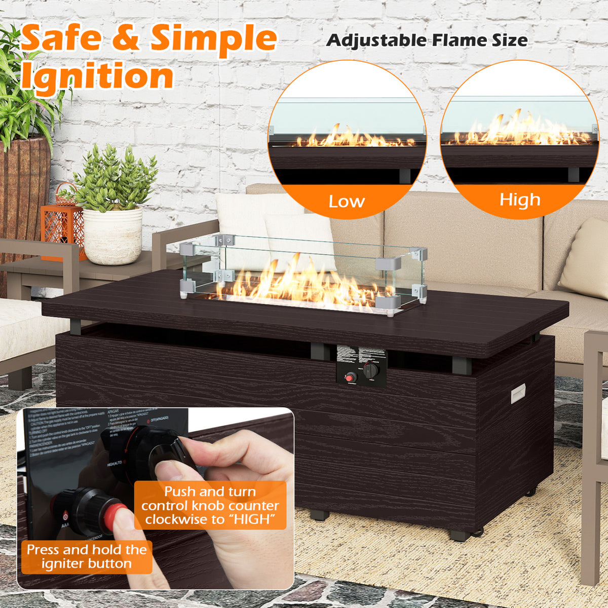 51 Inch Propane Fire Pit Table 50000 BTU Gas Firepit with Removable Lid and Tempered Glass Wind Guard for Patio-Rustic Brown
