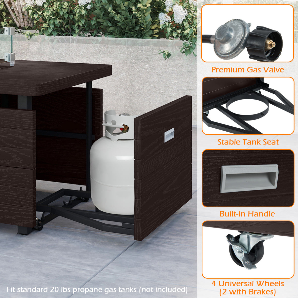 51 Inch Propane Fire Pit Table 50000 BTU Gas Firepit with Removable Lid and Tempered Glass Wind Guard for Patio-Rustic Brown