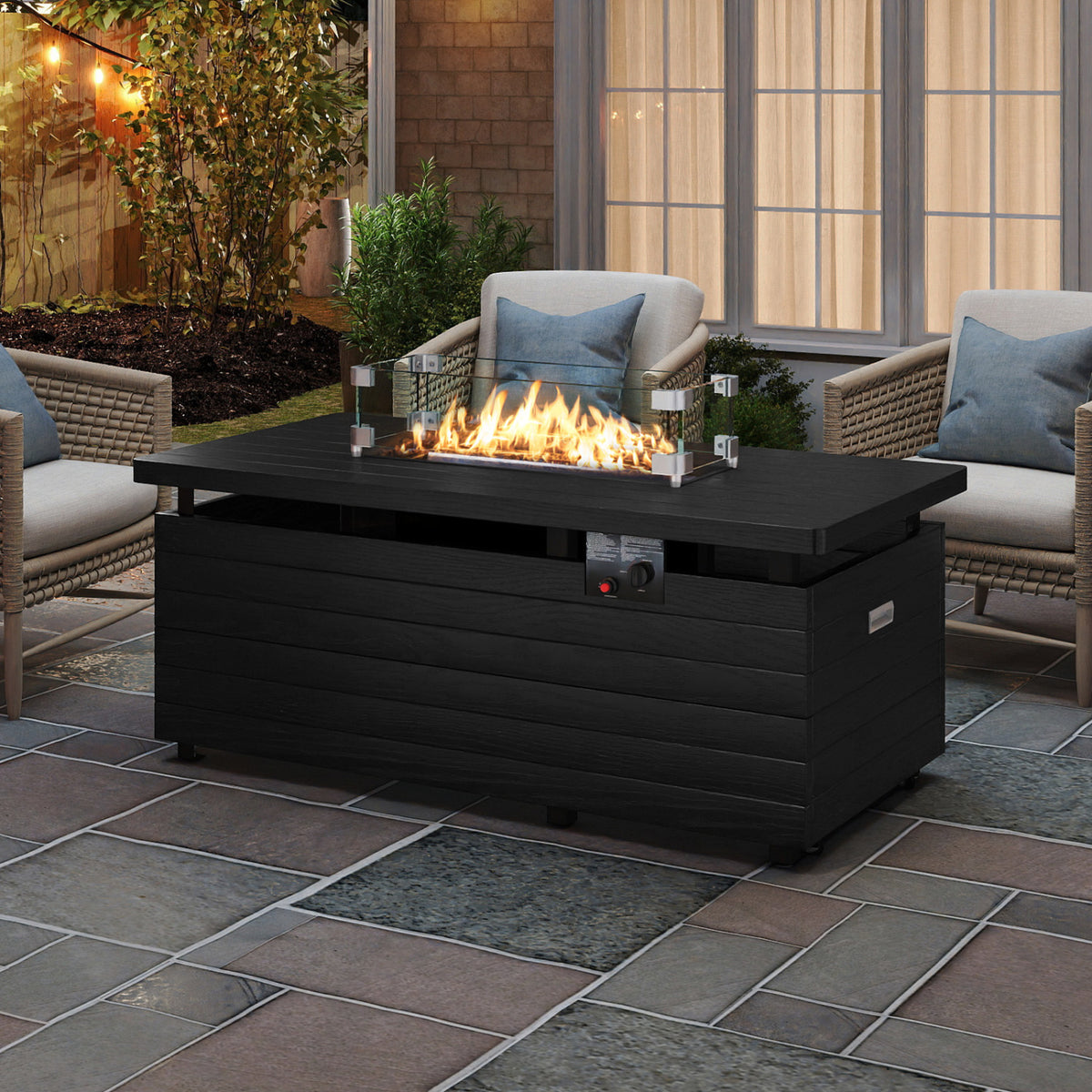 51 Inch Propane Fire Pit Table 50000 BTU Gas Firepit with Removable Lid and Tempered Glass Wind Guard for Patio-Black