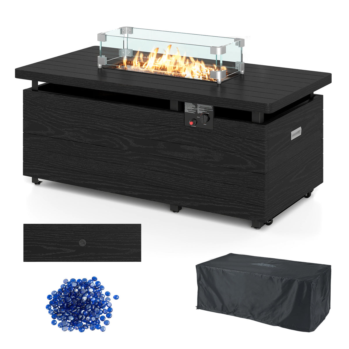 51 Inch Propane Fire Pit Table 50000 BTU Gas Firepit with Removable Lid and Tempered Glass Wind Guard for Patio-Black