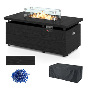 51 Inch Propane Fire Pit Table 50000 BTU Gas Firepit with Removable Lid and Tempered Glass Wind Guard for Patio-Black