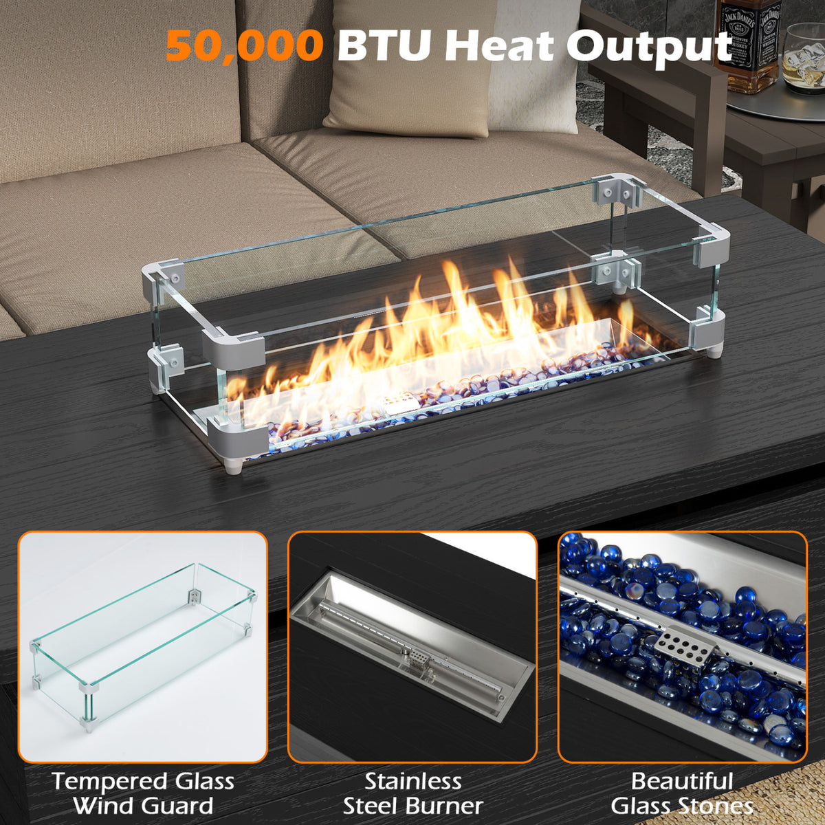 51 Inch Propane Fire Pit Table 50000 BTU Gas Firepit with Removable Lid and Tempered Glass Wind Guard for Patio-Black