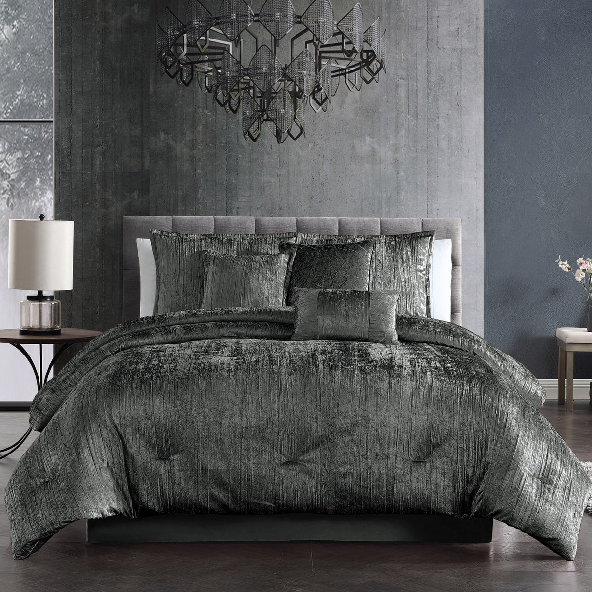 Turin 7 Piece Charcoal Crinkle Velvet Comforter Ensemble