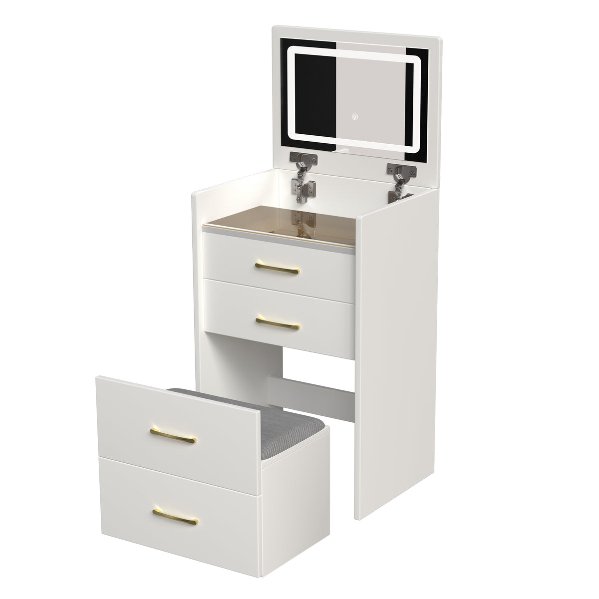 Compact 3 in 1 Vanity Desk with Open Top Mirror, Glass Desktop, White MDF, 50.39' Height