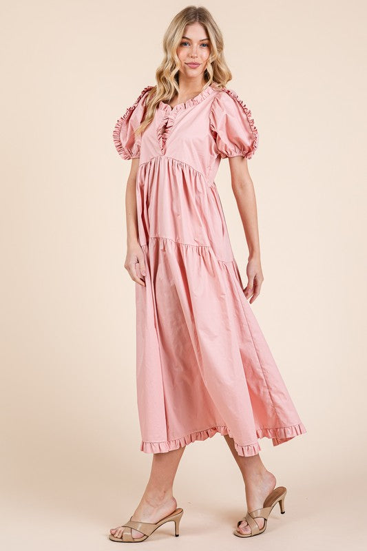 Ruffle Trim Puff Sleeve Tiered Babydoll Midi Dress – Fluttering, Sweet, Elegant, Feminine, and Trendy Babydoll Midi Dress with Ruffle Trim and Puff Sleeves