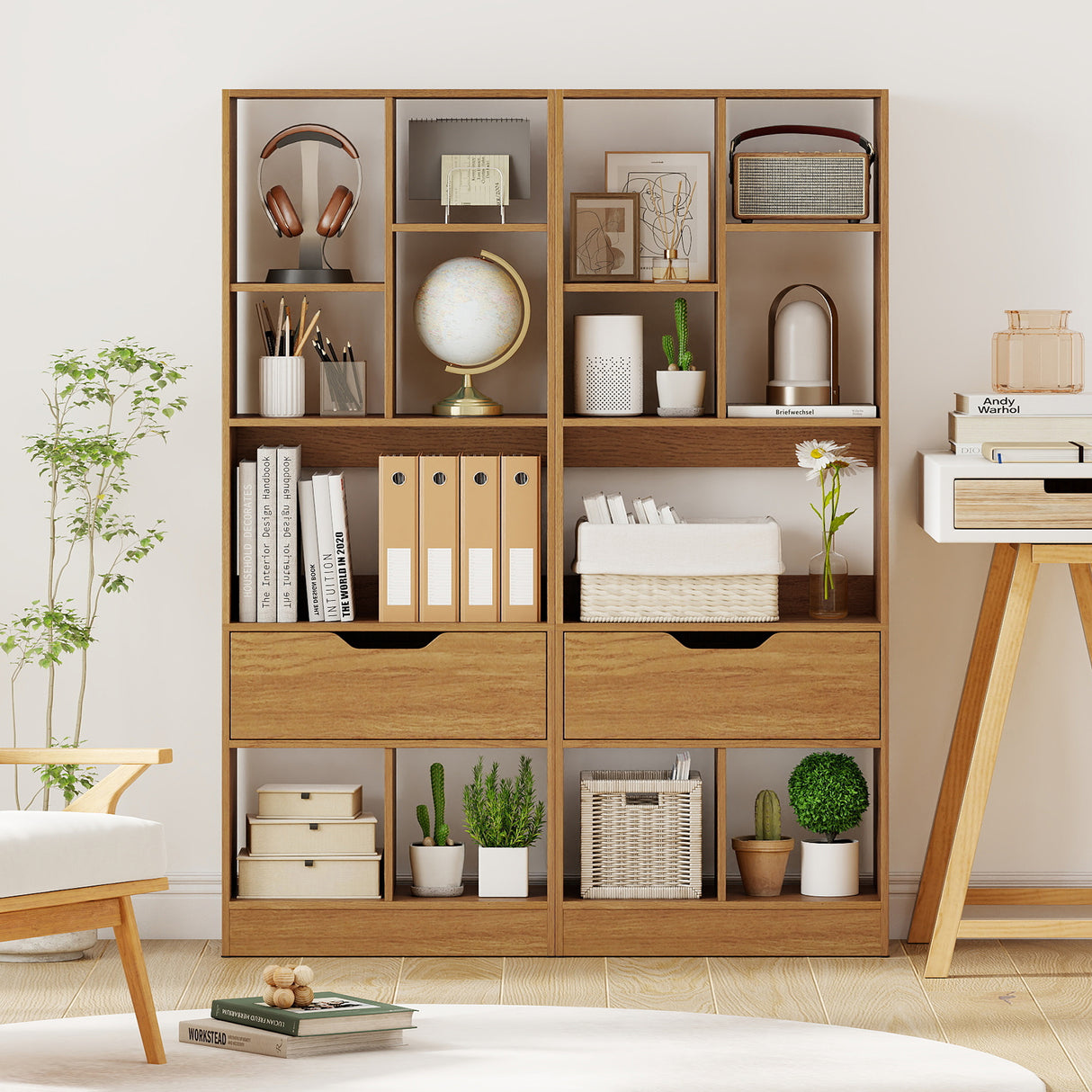 51inch Tall Freestanding Bookcase with Drawer 7-Cube Storage Organizer-Natural
