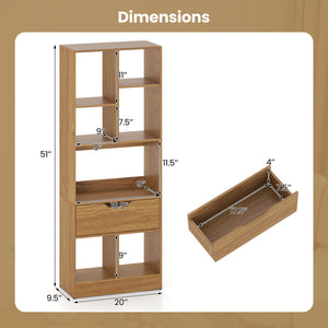 51inch Tall Freestanding Bookcase with Drawer 7-Cube Storage Organizer-Natural