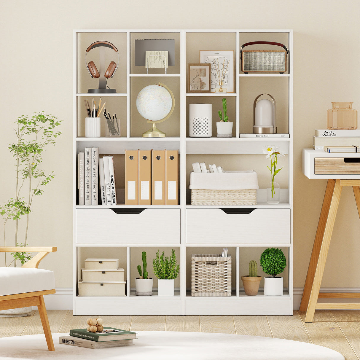 51inch Tall Freestanding Bookcase with Drawer 7-Cube Storage Organizer-White