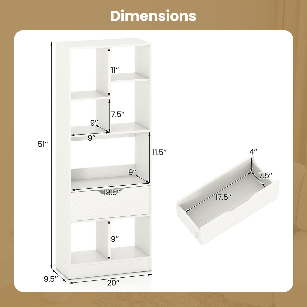 51inch Tall Freestanding Bookcase with Drawer 7-Cube Storage Organizer-White