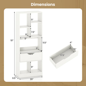 51inch Tall Freestanding Bookcase with Drawer 7-Cube Storage Organizer-White