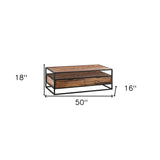50" Brown And Black Solid Wood And Metal Coffee Table With Two Drawers And Shelf