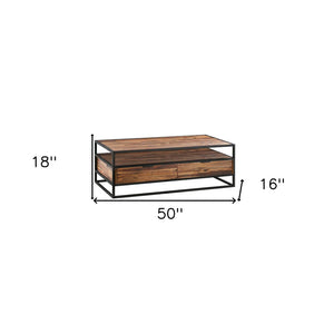 50" Brown And Black Solid Wood And Metal Coffee Table With Two Drawers And Shelf