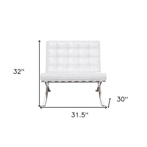 32" White and Silver Italian Leather Tufted Lounge Chair