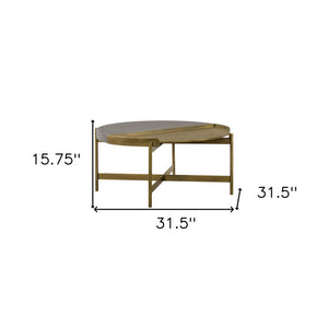 32" Gray And Brass Concrete And Metal Round Coffee Table