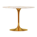 40" White And Gold Rounded Stone And Metal Pedestal Base Dining Table