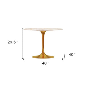 40" White And Gold Rounded Stone And Metal Pedestal Base Dining Table