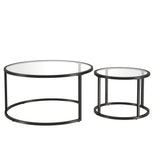 Set of Two Black Glass And Steel Round Frame Nested Coffee Tables