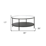 36" Black Glass And Steel Round Coffee Table With Shelf