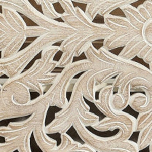 White Carved Floral Distressed Solid Wood Queen Bed Frame