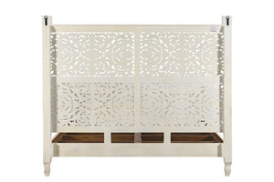 White Carved Floral Distressed Solid Wood King Bed Frame
