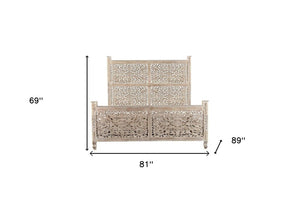 Gray Carved Floral Solid Wood King Bed Frame