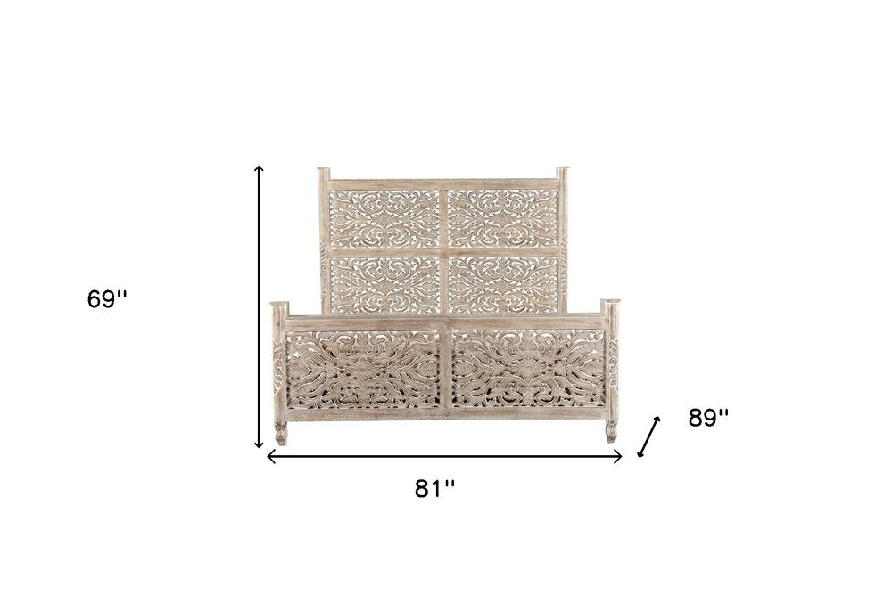 Gray Carved Floral Solid Wood King Bed Frame