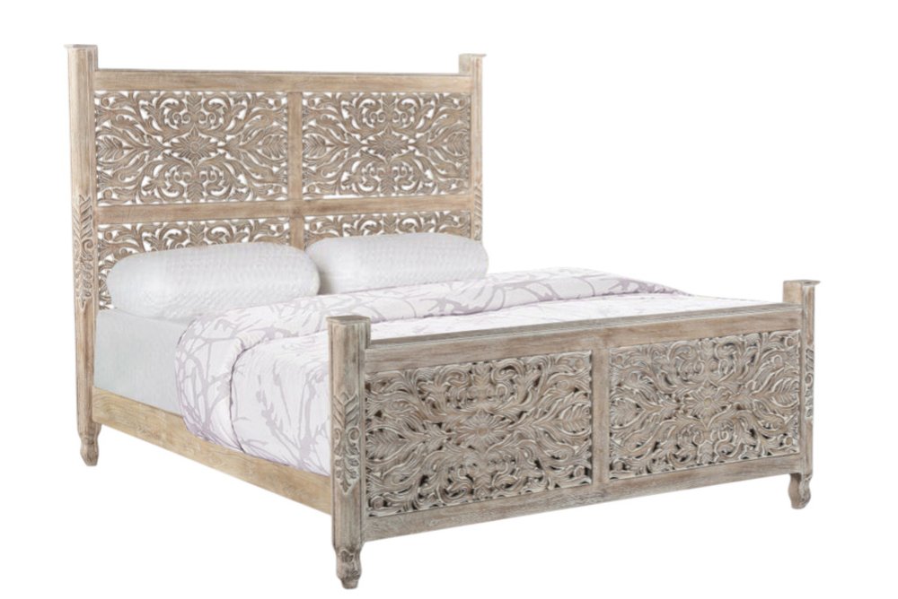 Gray Carved Floral Solid Wood King Bed Frame
