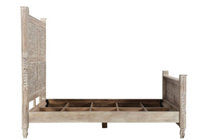 Gray Carved Floral Solid Wood King Bed Frame