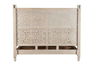 Gray Carved Floral Solid Wood King Bed Frame