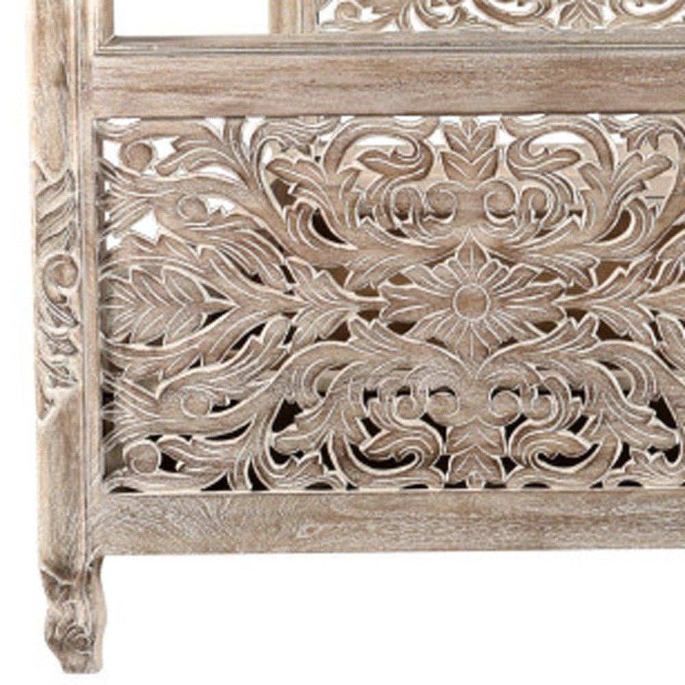Gray Carved Floral Solid Wood King Bed Frame
