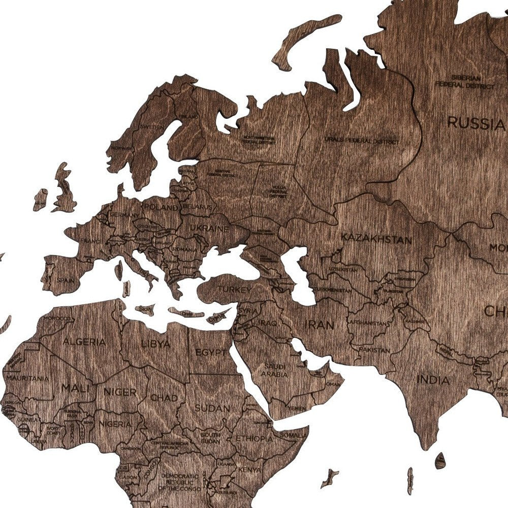 47" X 79" Dark Brown Wood World Map Hanging Dimensional Sculpture