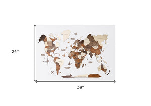 24" X 39" Brown and Beige Wood World Map Hanging Dimensional Sculpture