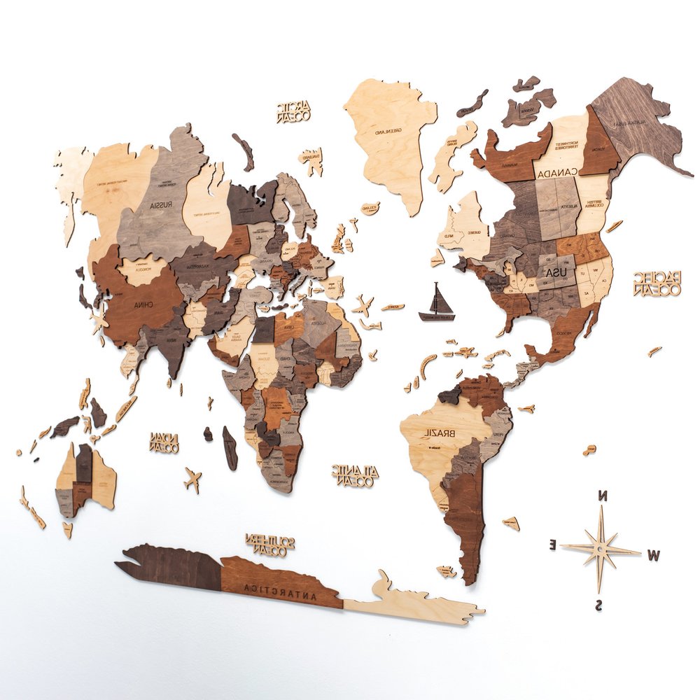 24" X 39" Brown and Beige Wood World Map Hanging Dimensional Sculpture