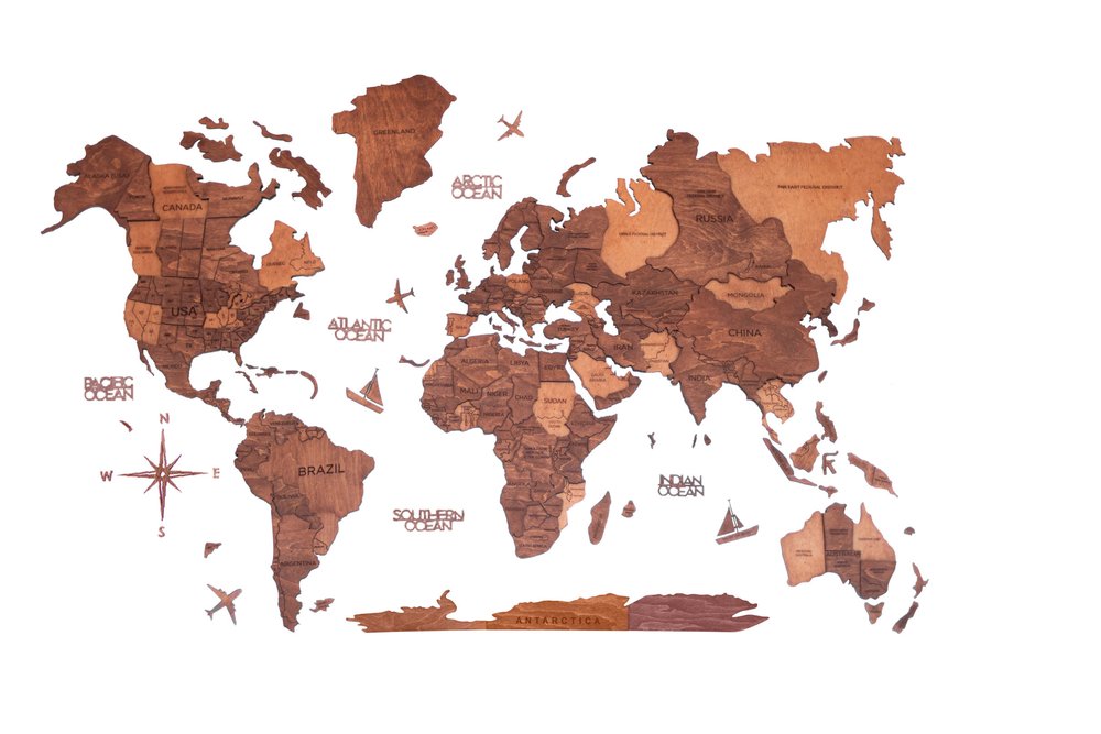 24" X 39" Brown and Tan Wood World Map Hanging Dimensional Sculpture