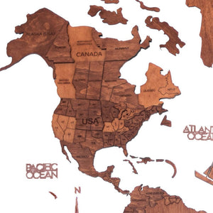 35" X 59" Brown and Tan Wood World Map Hanging Dimensional Sculpture