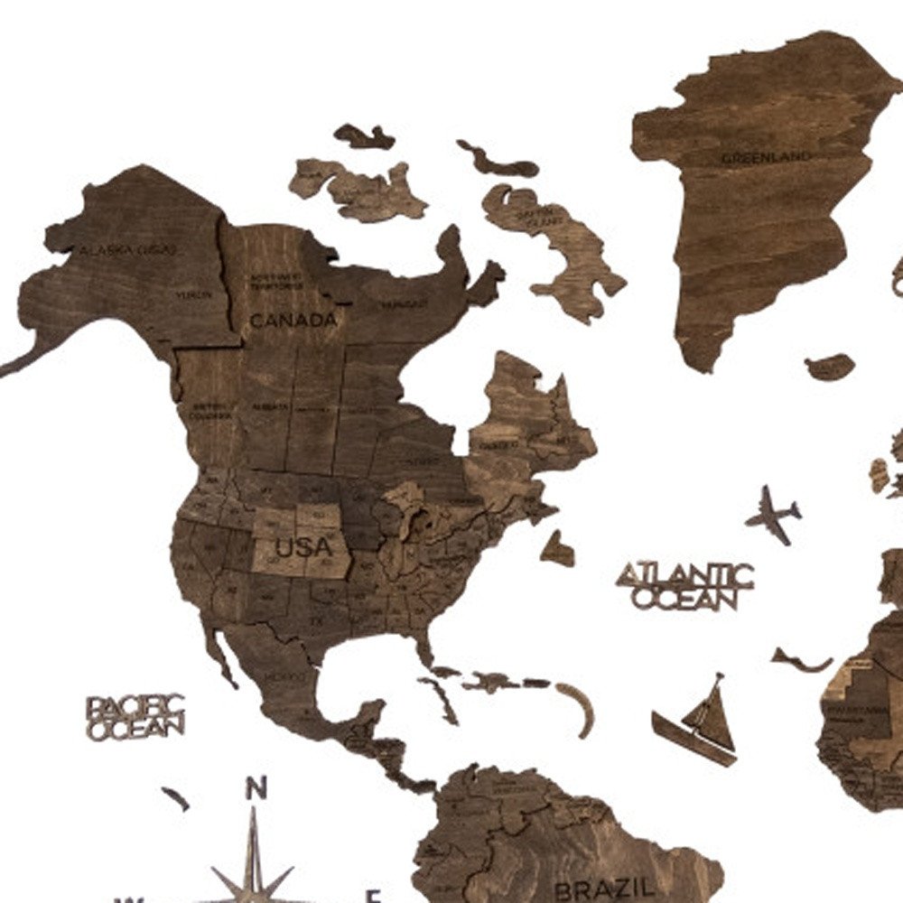 24" X 39" Brown Wood World Map Hanging Dimensional Sculpture