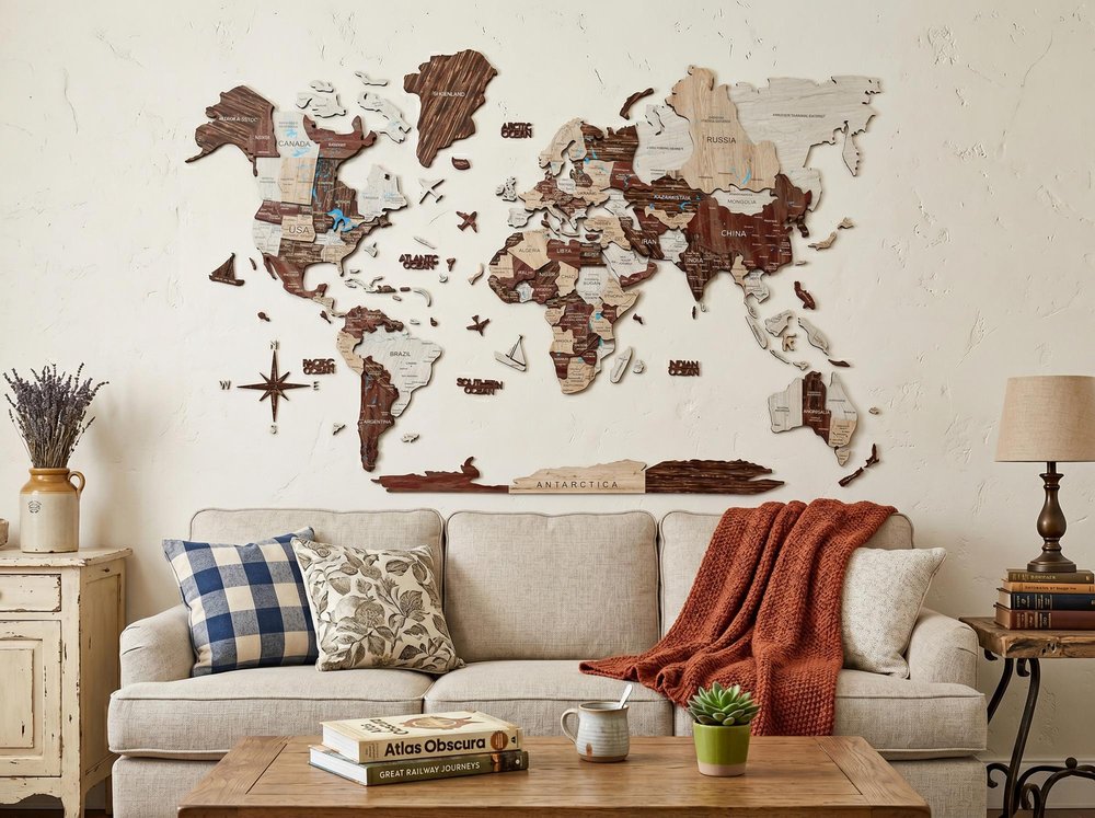 47" X 79" Brown and Beige Wood World Map Hanging Dimensional Sculpture