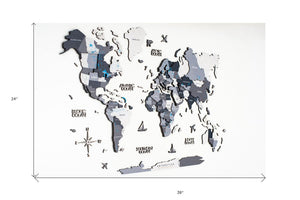 24" X 39" Black Gray and White Wood World Map Hanging Dimensional Sculpture