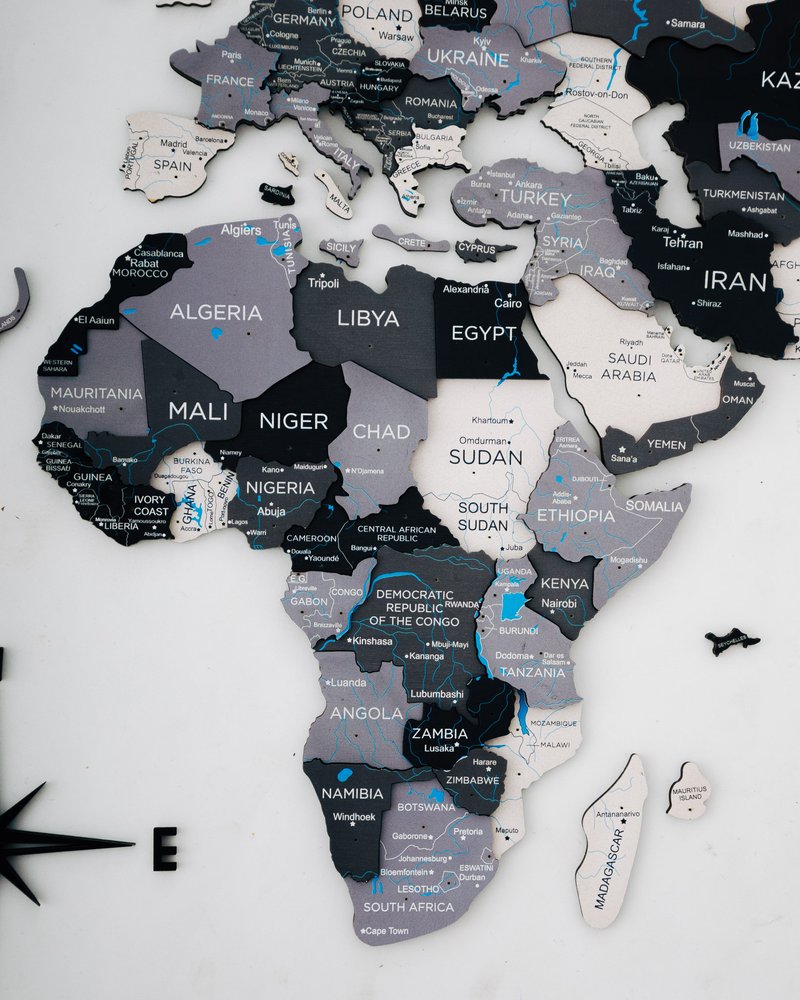 24" X 39" Black Gray and White Wood World Map Hanging Dimensional Sculpture